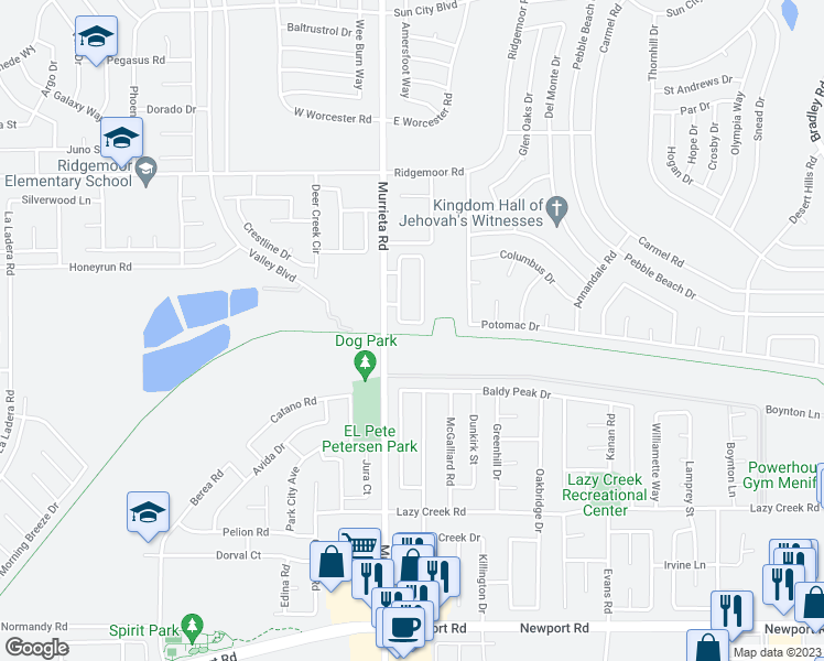 map of restaurants, bars, coffee shops, grocery stores, and more near 29370 Murrieta Road in Menifee