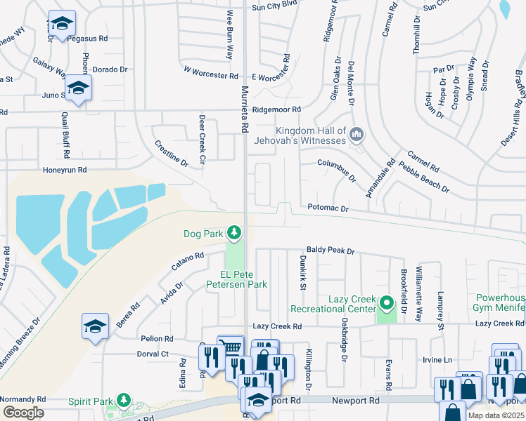 map of restaurants, bars, coffee shops, grocery stores, and more near 29370 Murrieta Road in Menifee