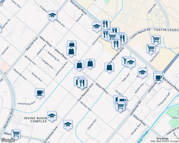 map of restaurants, bars, coffee shops, grocery stores, and more near 2121 Alton Parkway in Irvine