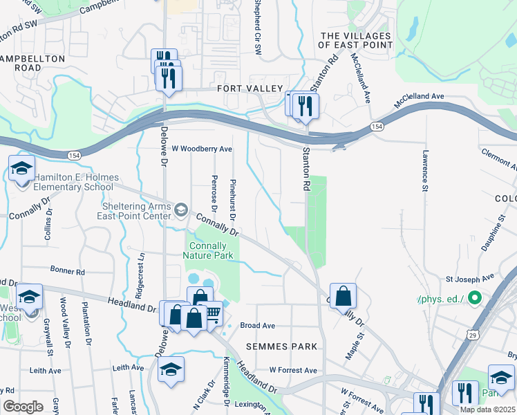 map of restaurants, bars, coffee shops, grocery stores, and more near 2212 Westover Drive in East Point