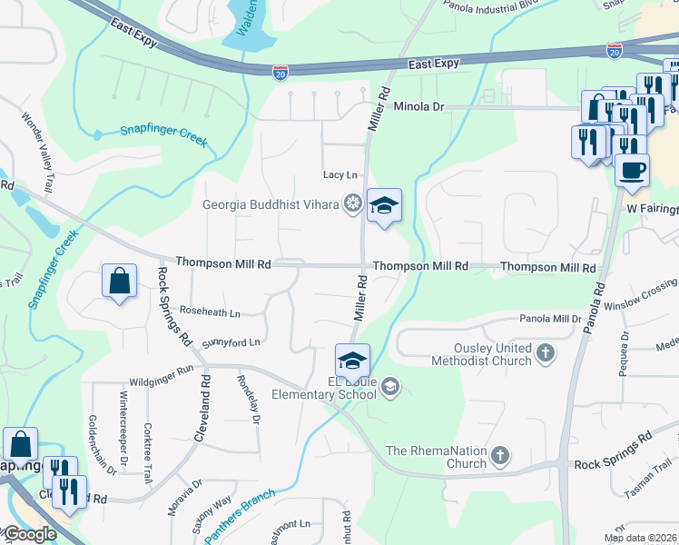 map of restaurants, bars, coffee shops, grocery stores, and more near 4981 Thompson Mill Road in Stonecrest