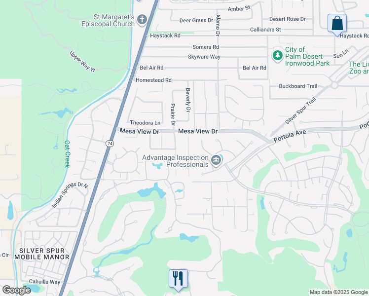 map of restaurants, bars, coffee shops, grocery stores, and more near 48651 Shady View Drive in Palm Desert