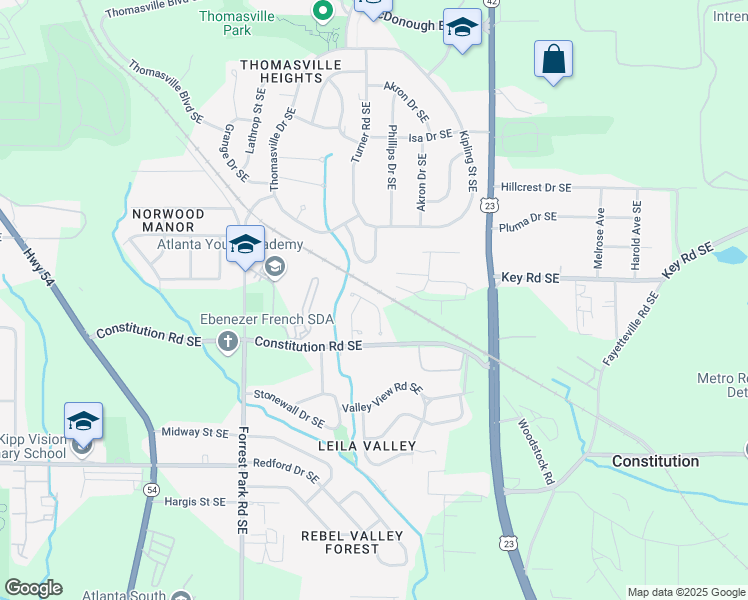 map of restaurants, bars, coffee shops, grocery stores, and more near 1040 Thomasville Estates Road Southeast in Atlanta