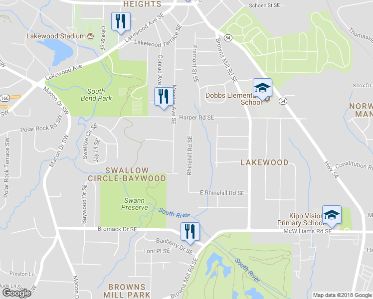 map of restaurants, bars, coffee shops, grocery stores, and more near 2183 Rhinehill Road Southeast in Atlanta