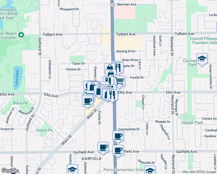 map of restaurants, bars, coffee shops, grocery stores, and more near 18431 Beach Boulevard in Huntington Beach