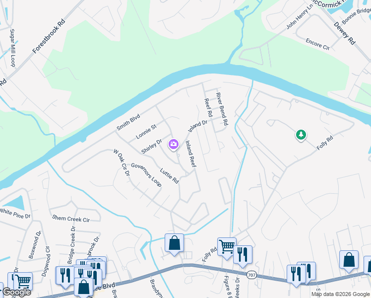 map of restaurants, bars, coffee shops, grocery stores, and more near 715 Bonnie Drive in Myrtle Beach