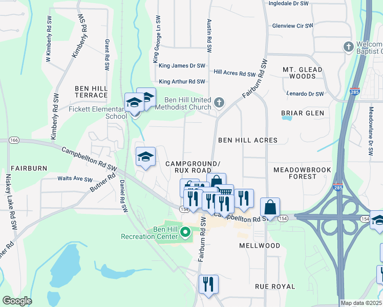 map of restaurants, bars, coffee shops, grocery stores, and more near 2190 Camp Ground Road Southwest in Atlanta