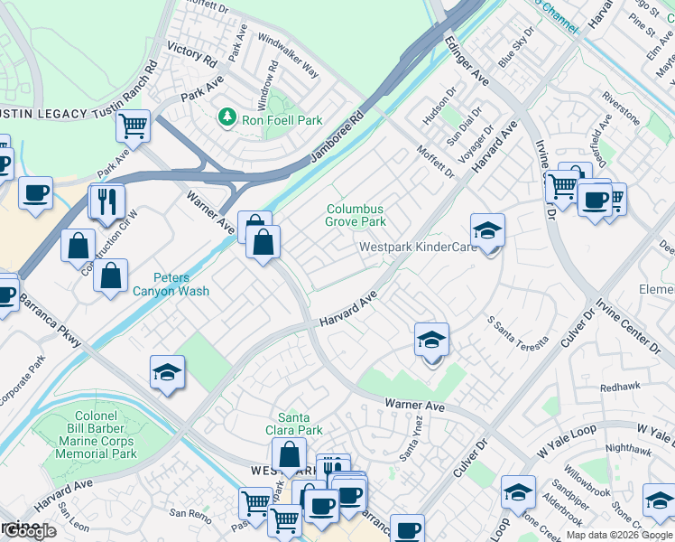 map of restaurants, bars, coffee shops, grocery stores, and more near 15528 Bonsai Way in Tustin