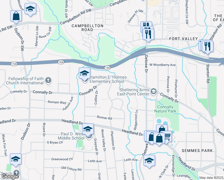 map of restaurants, bars, coffee shops, grocery stores, and more near 2214 Plantation Drive in East Point