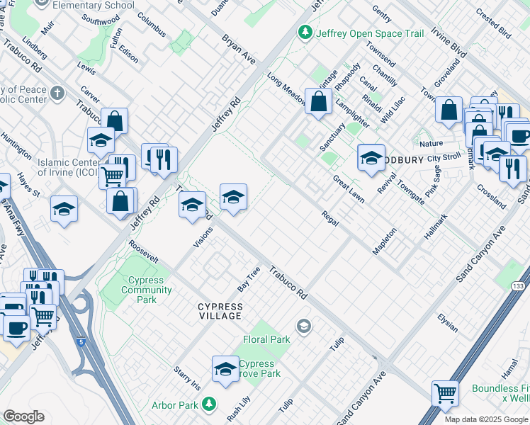 map of restaurants, bars, coffee shops, grocery stores, and more near 63 Waterspout in Irvine