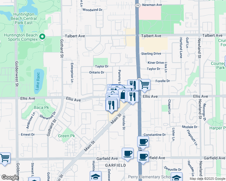 map of restaurants, bars, coffee shops, grocery stores, and more near 18442 Delaware Street in Huntington Beach