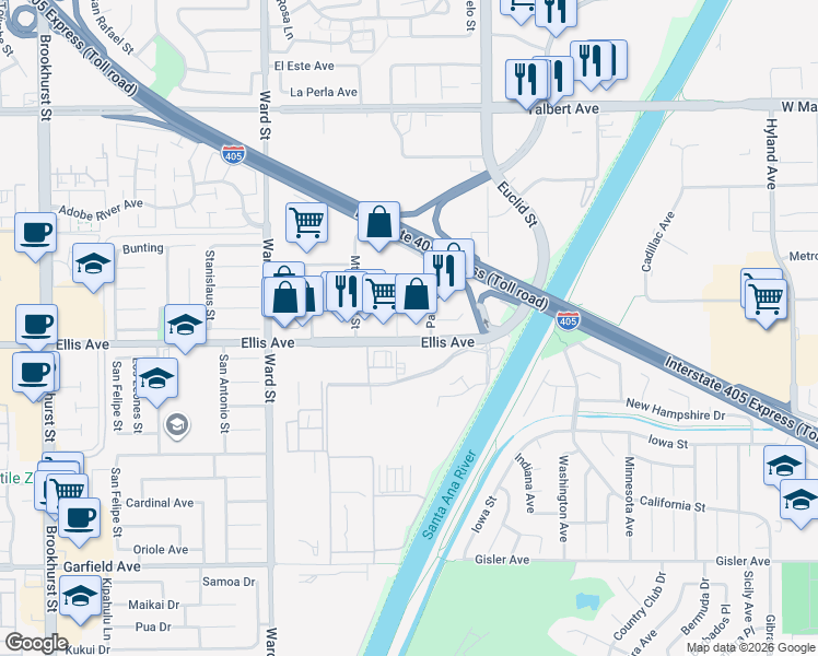 map of restaurants, bars, coffee shops, grocery stores, and more near 18480 Bandilier Circle in Fountain Valley
