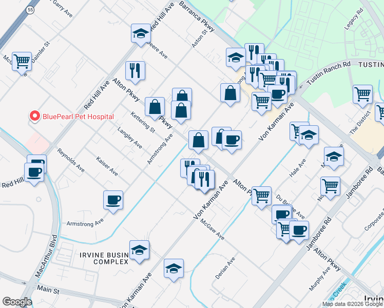 map of restaurants, bars, coffee shops, grocery stores, and more near 2102 Alton Pkwy in Irvine