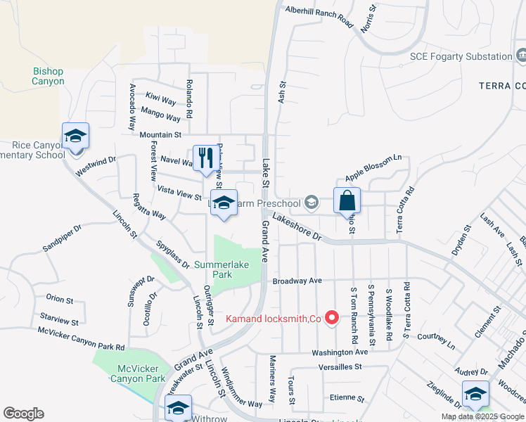 map of restaurants, bars, coffee shops, grocery stores, and more near 29381 Lake Street in Lake Elsinore