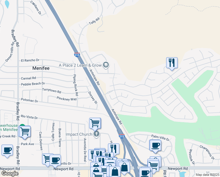 map of restaurants, bars, coffee shops, grocery stores, and more near 27769 Panorama Hills Drive in Menifee