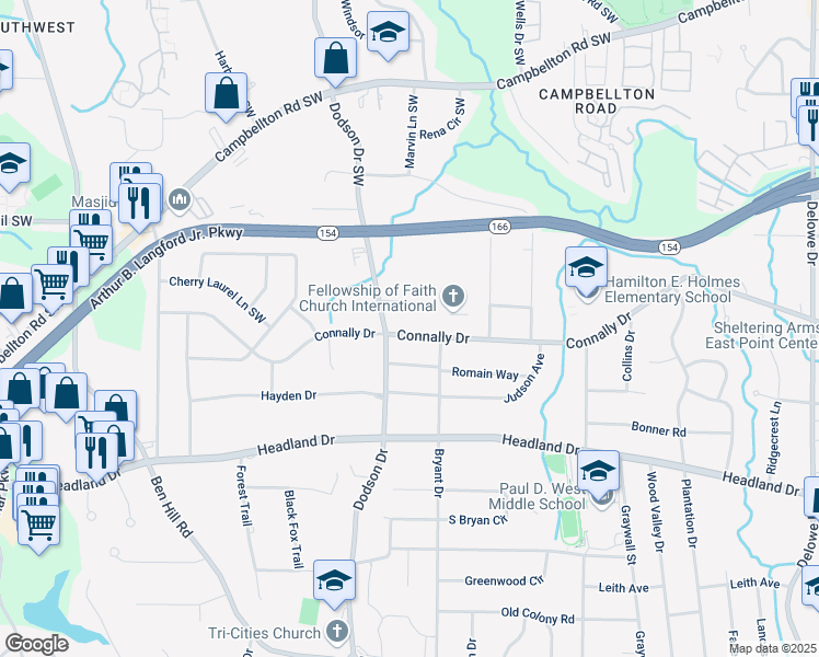 map of restaurants, bars, coffee shops, grocery stores, and more near 2591 Connally Drive in East Point