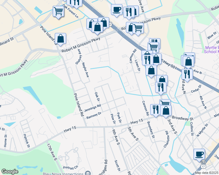 map of restaurants, bars, coffee shops, grocery stores, and more near 1090 Park Drive in Myrtle Beach