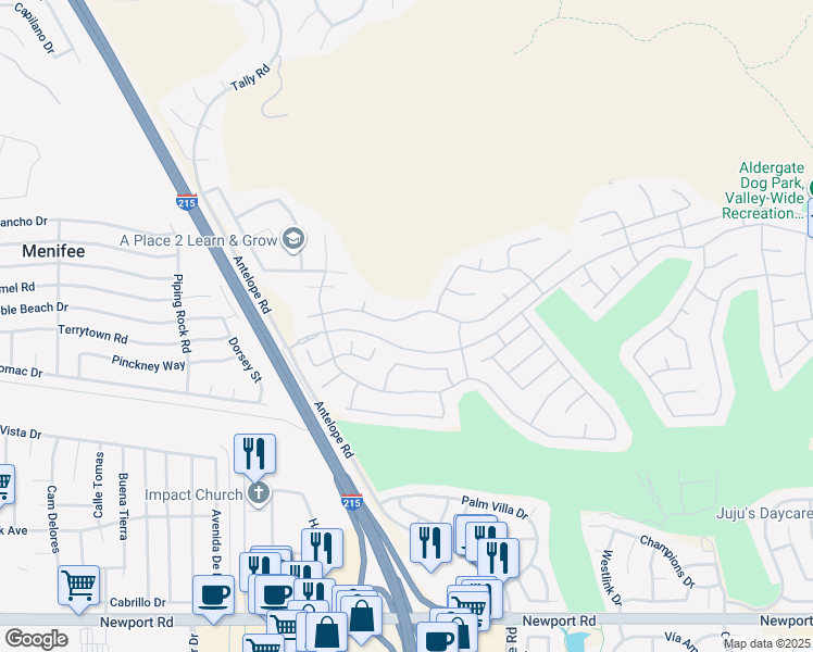 map of restaurants, bars, coffee shops, grocery stores, and more near 27979 Panorama Hills Drive in Menifee