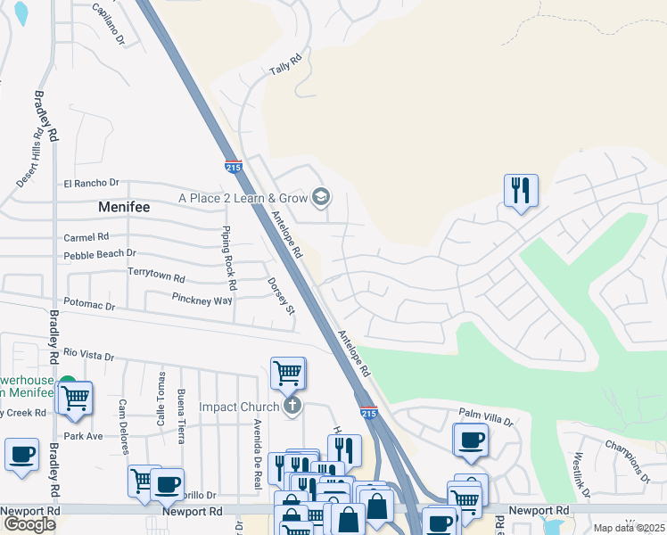 map of restaurants, bars, coffee shops, grocery stores, and more near 27769 Panorama Hills Drive in Menifee
