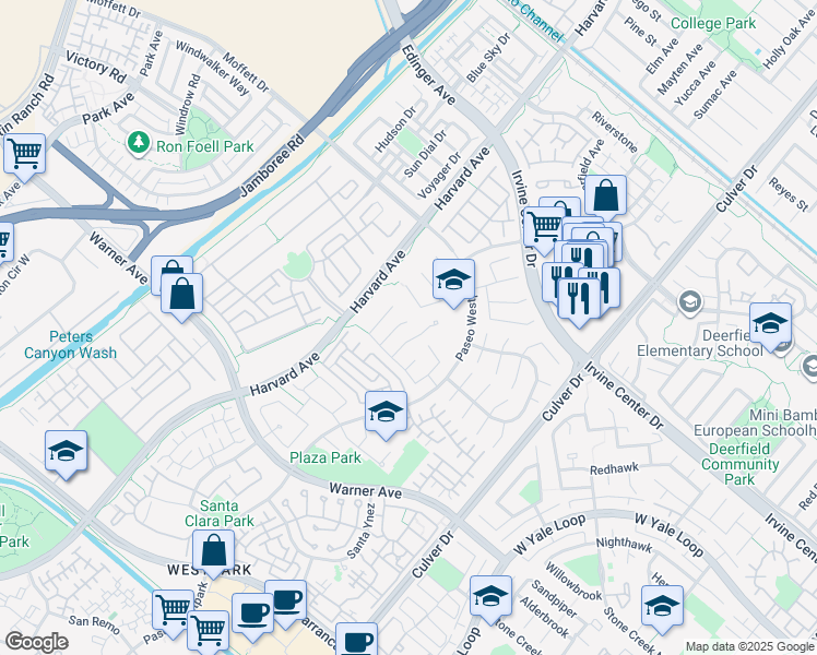 map of restaurants, bars, coffee shops, grocery stores, and more near 14 Ponte in Irvine