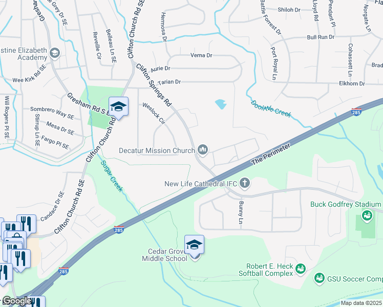 map of restaurants, bars, coffee shops, grocery stores, and more near 2405 Clifton Springs Road in Decatur