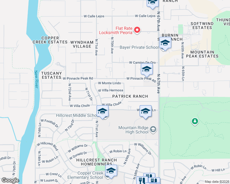 map of restaurants, bars, coffee shops, grocery stores, and more near 6913 West Planada Lane in Glendale