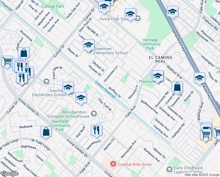 map of restaurants, bars, coffee shops, grocery stores, and more near 4532 Roxbury Drive in Irvine