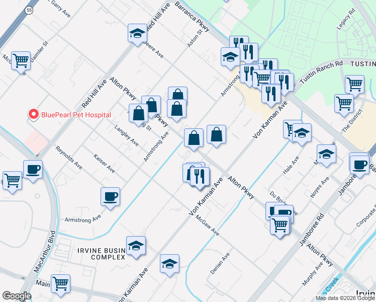 map of restaurants, bars, coffee shops, grocery stores, and more near 2102 Alton Pkwy in Irvine