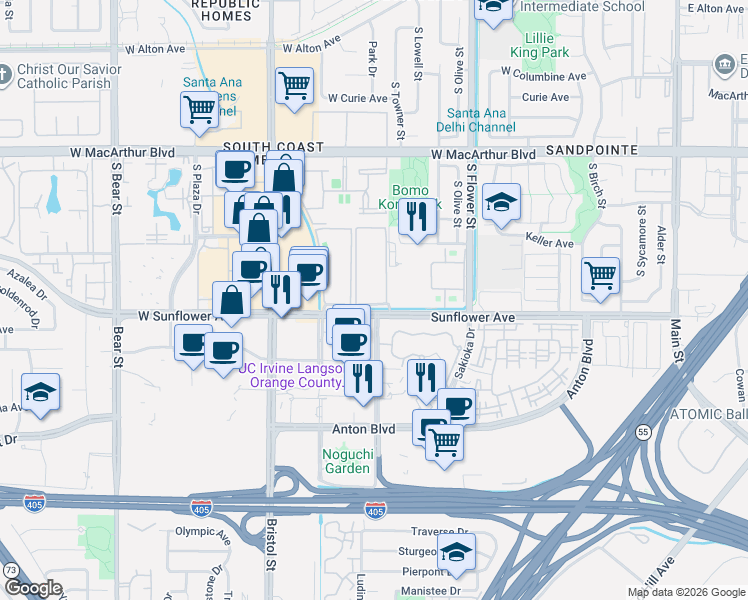 map of restaurants, bars, coffee shops, grocery stores, and more near 1001 West Santa Ana Boulevard in Santa Ana