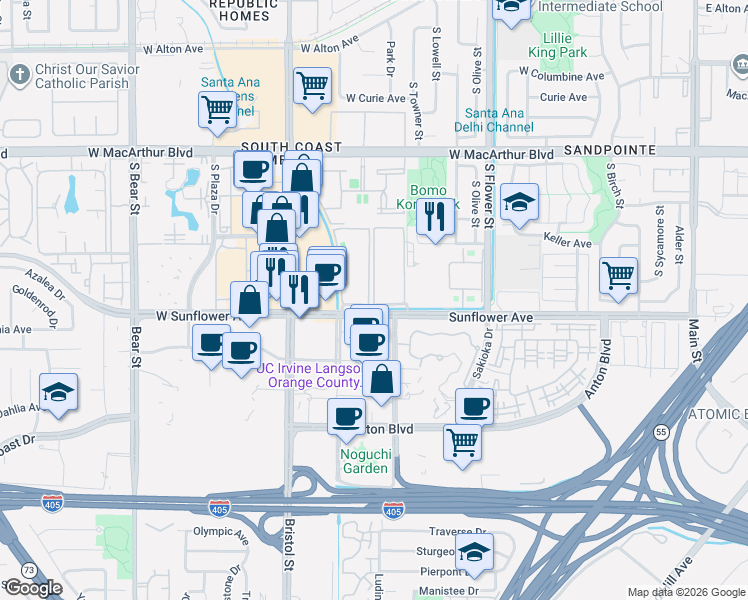 map of restaurants, bars, coffee shops, grocery stores, and more near 1001 West Stevens Avenue in Santa Ana