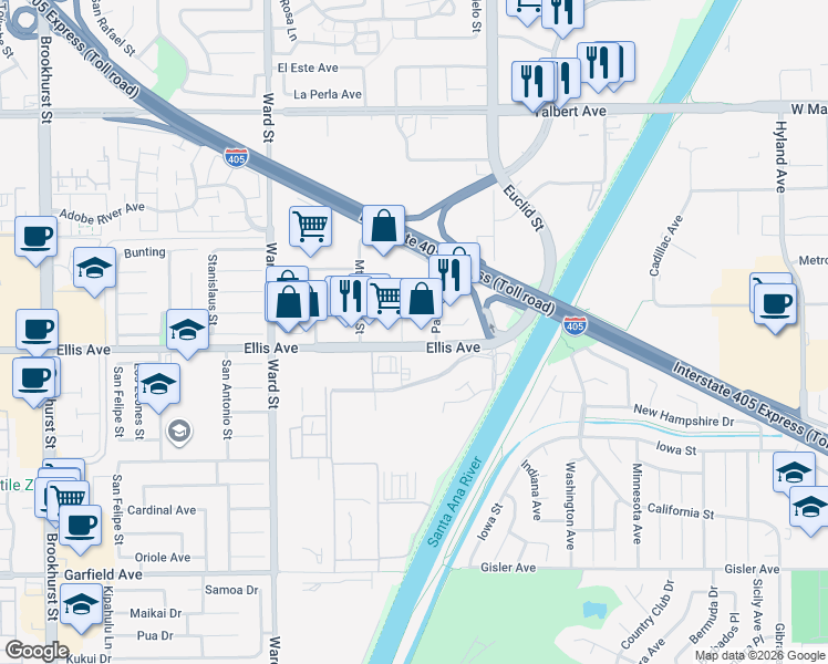 map of restaurants, bars, coffee shops, grocery stores, and more near 18475 Bandilier Cir in Fountain Valley