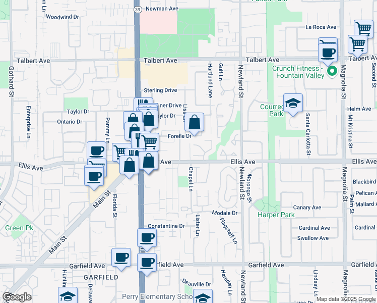 map of restaurants, bars, coffee shops, grocery stores, and more near 18452 Goodwin Lane in Huntington Beach