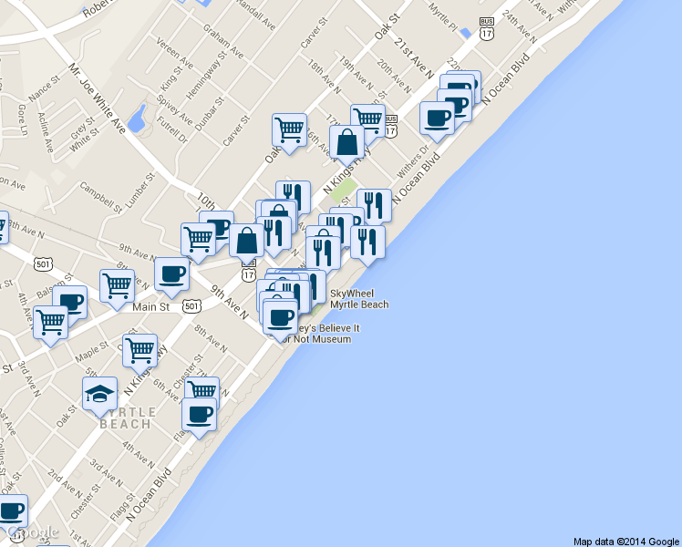 map of restaurants, bars, coffee shops, grocery stores, and more near 1204 North Ocean Boulevard in Myrtle Beach