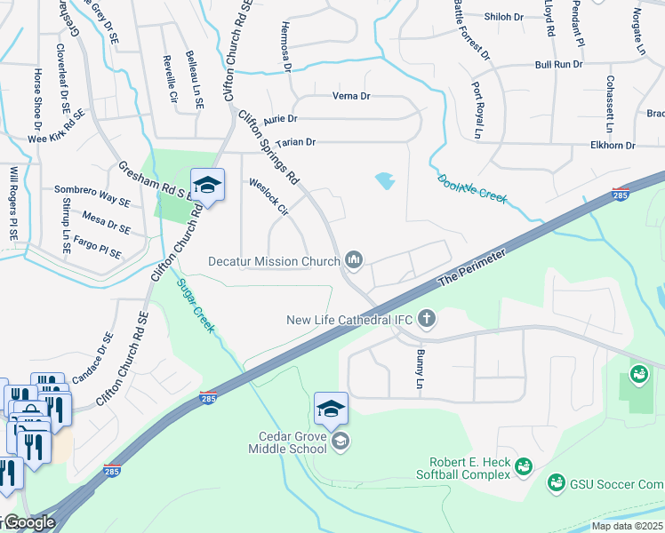 map of restaurants, bars, coffee shops, grocery stores, and more near 2405 Clifton Springs Road in Decatur