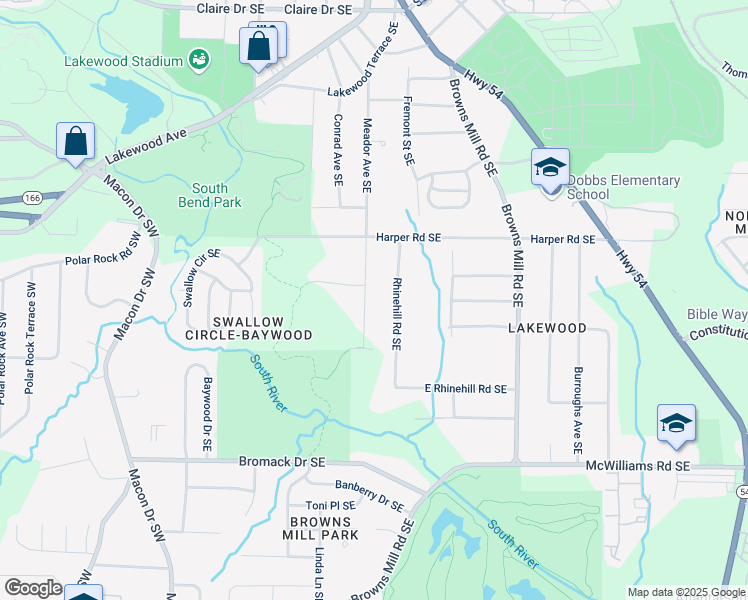map of restaurants, bars, coffee shops, grocery stores, and more near 2184 Meador Avenue Southeast in Atlanta