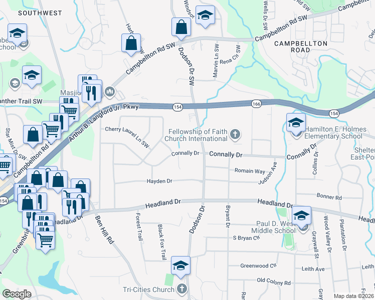 map of restaurants, bars, coffee shops, grocery stores, and more near 2653 Connally Drive in East Point