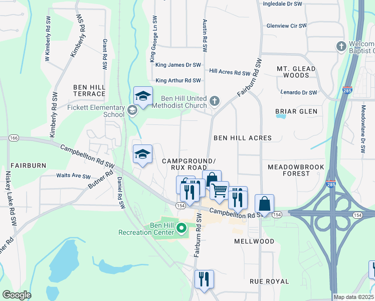 map of restaurants, bars, coffee shops, grocery stores, and more near 2190 Camp Ground Road Southwest in Atlanta