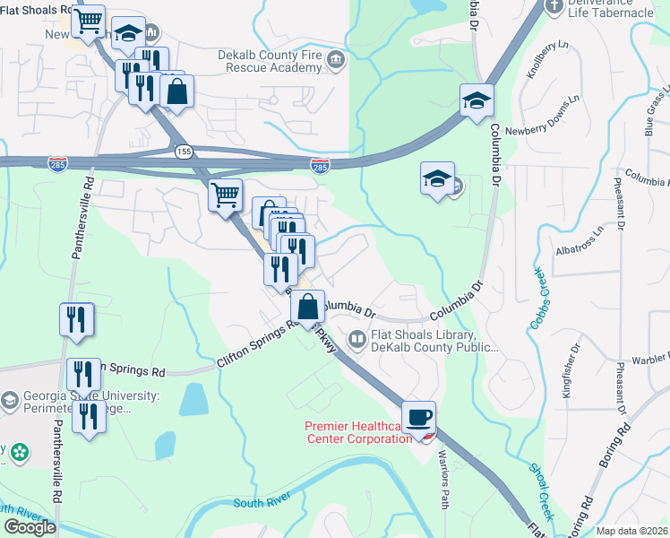 map of restaurants, bars, coffee shops, grocery stores, and more near 2727 Vining Ridge Terrace in Decatur