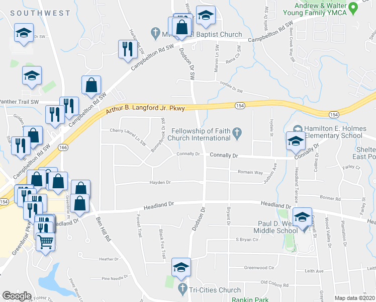 map of restaurants, bars, coffee shops, grocery stores, and more near 2653 Connally Drive in East Point