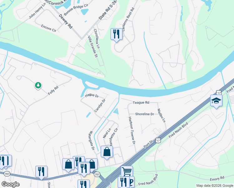 map of restaurants, bars, coffee shops, grocery stores, and more near 5081 Watergate Drive in Myrtle Beach