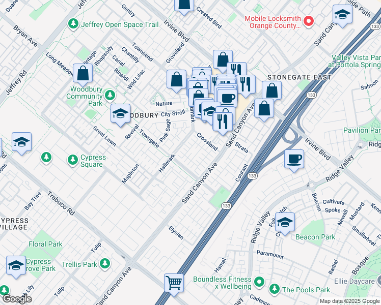 map of restaurants, bars, coffee shops, grocery stores, and more near 304 Cantor in Irvine