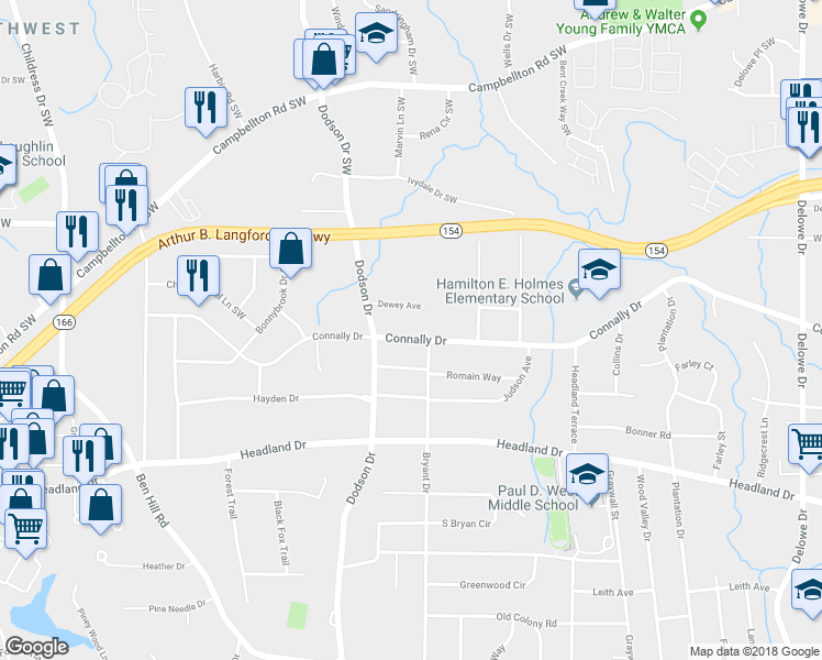 map of restaurants, bars, coffee shops, grocery stores, and more near 2579 Connally Drive in Atlanta