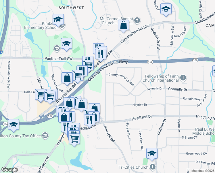 map of restaurants, bars, coffee shops, grocery stores, and more near 2220 Maxwell Drive Southwest in Atlanta