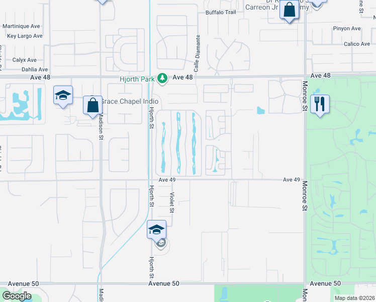 map of restaurants, bars, coffee shops, grocery stores, and more near 48170 Hjorth Street in Indio