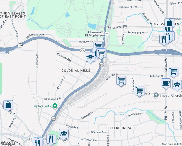 map of restaurants, bars, coffee shops, grocery stores, and more near 1327 Elizabeth Lane in East Point