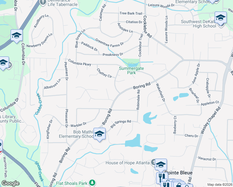 map of restaurants, bars, coffee shops, grocery stores, and more near 3650 Boring Road in Decatur