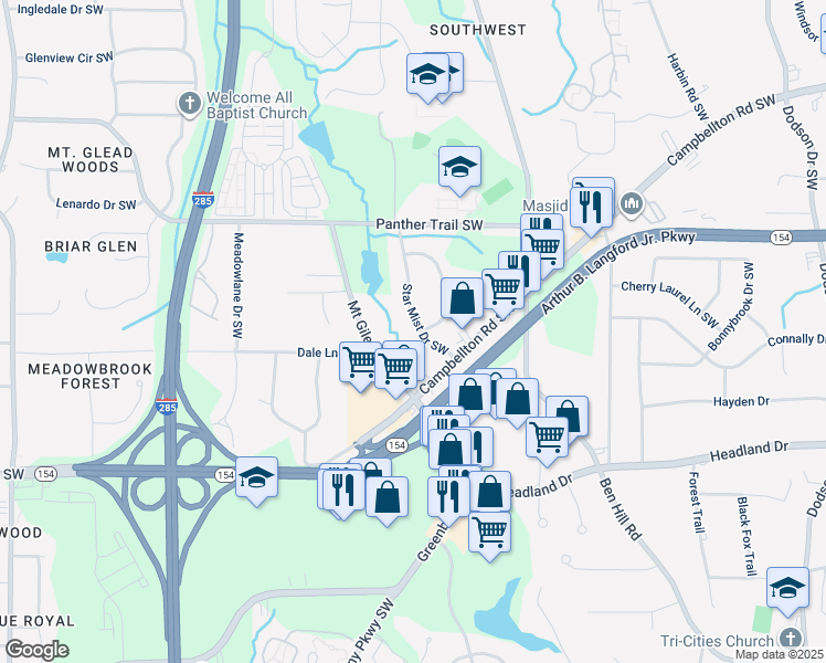 map of restaurants, bars, coffee shops, grocery stores, and more near 2269 Star Mist Drive Southwest in Atlanta