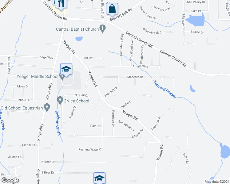 map of restaurants, bars, coffee shops, grocery stores, and more near 4072 Macduff Drive in Douglasville