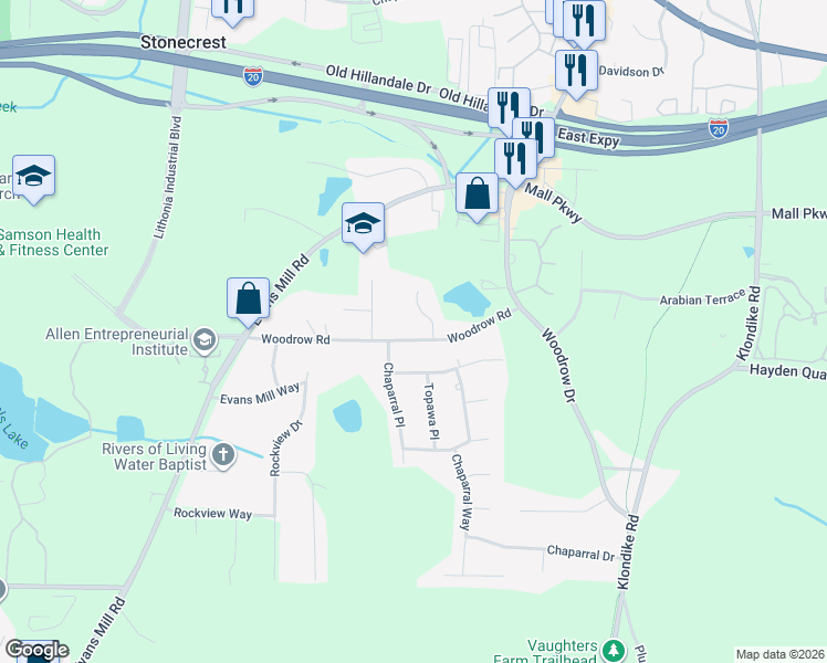 map of restaurants, bars, coffee shops, grocery stores, and more near 6558 Woodrow Road in Stonecrest