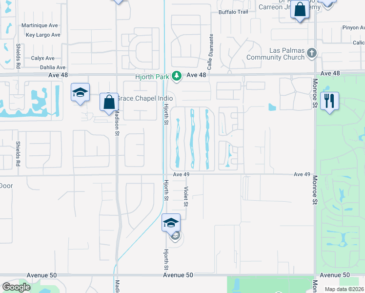 map of restaurants, bars, coffee shops, grocery stores, and more near 48170 Hjorth Street in Indio